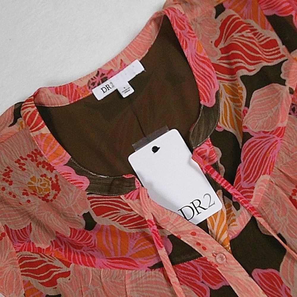 DR2 Floral Sleeveless Blouse Pink Orange Olive Brown Tie Neck Top Small NEW‎